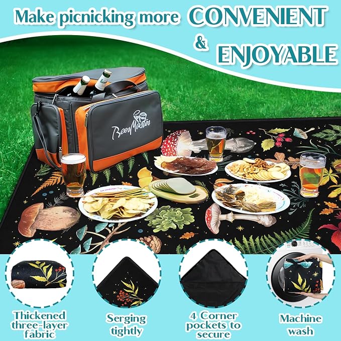 Mushroom Picnic Blankets Waterproof Foldable 80″X80″Thick Three Layer Picnic Mat Outdoor Blanket for Grass Large Beach Blanket Sandproof Picnic Accessories for Camping Party Park Patio