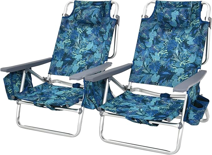 Tangkula Set of 2 Backpack Beach Chair 5-Position Lay Flat Beach Chairs with Cooler Bag 2 Cup Holders Towel Bar Lightweight Folding Beach Chair with Backpack Straps