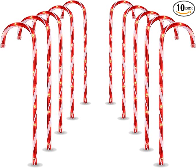26 Christmas Candy Cane Pathway Markers Lights Set of 10 Pack Christmas Outdoor Decorations Candy Cane Lights for Yard Patio Garden Walkway Indoor Décor Landscape Path Festival Holiday Red