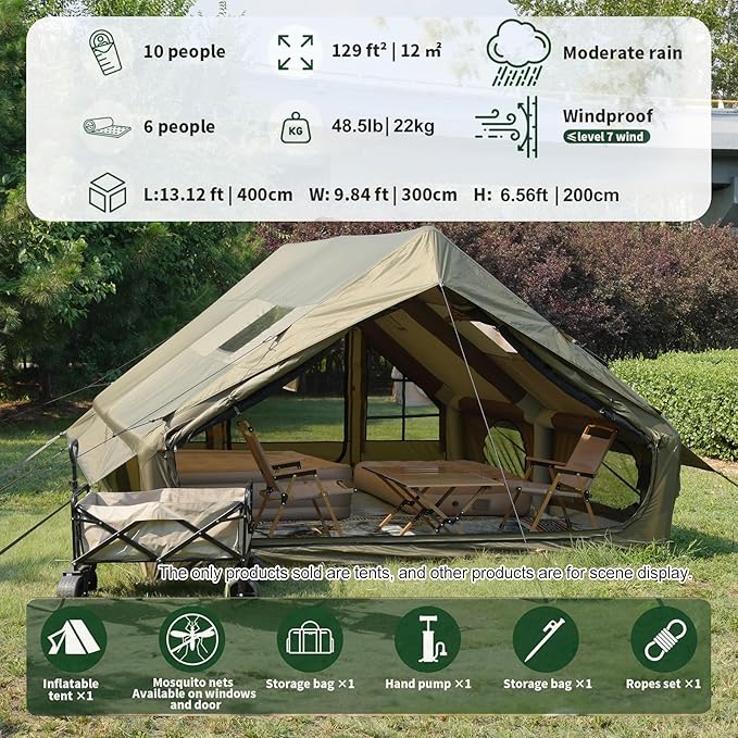 Inflatable Cotton Canvas Tent 12㎡ Waterproof &amp Windproof Family Shelter for 4–10 Campers All-Season Outdoor Tent with Skylight and Stove Jack