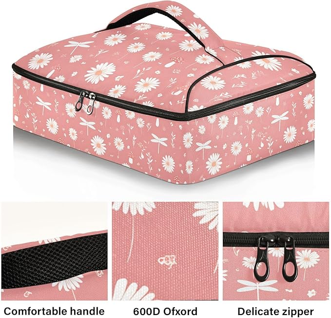 Casserole Carrier Daisies Mushrooms and DragonfliesInsulated Casserole Carrier for Hot or Cold Food Thermal Lunch Tote for Potluck Parties Picnic Beach Fits 9 x 13 Inches Baking Dish