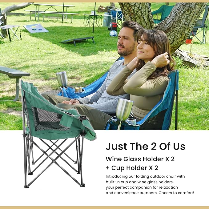 ARROWHEAD OUTDOOR Portable Folding Double Duo Camping Chair Loveseat w/ 2 Cup &amp Wine Glass Holder Carrying Bag Supports up to 500lbs