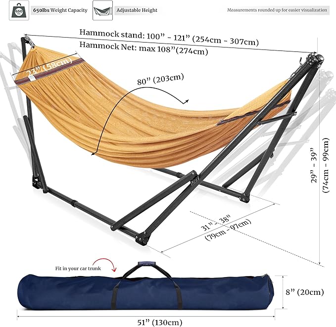 Tranquillo Universal Double Hammock with Stand Included for 2 Persons 600 lbs Capacity Portable Foldable with Case - Indoor Outdoor Camping Yellow