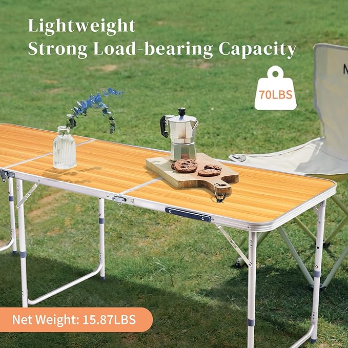 Folding Camping Table4FT Aluminum Folding Picnic Table with 3 Adjustable HeightHeavy Duty 3 Fold Utility TableIndoor Outdoor Portable Lightweight Beach Accessories with Carrying Handle (Wood Grain)