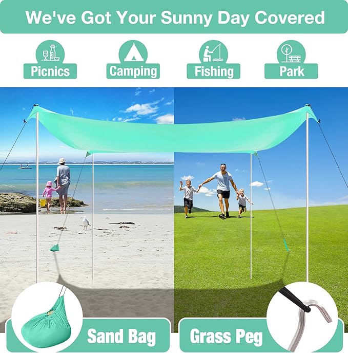 ADesign Windproof Beach Tent Sun Shelter with 8 Sandbags Wind Resistant Large Family Beach Canopy with Sand Shovel UPF50+ 6.5 FT Tall Easy Setup Sun Shade for Beach Vacation