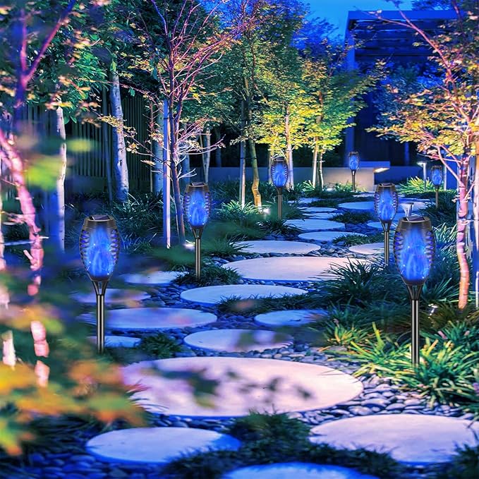 Blue Solar Lights Halloween Decorations Outdoor 8 Pack Solar Torch Lights with Flickering Flame 12 LED Mini Tiki Torches Waterproof for Landscape Pathway Dusk to Dawn Auto On/Off