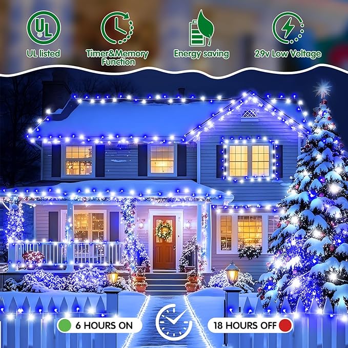 Heceltt Christmas Lights Outdoor 522FT 1300 LED String Lights with 8 Lighting Modes Timer Memory Twinkle Fairy Lights Waterproof Plug in for Xmas Tree Wedding Party Holiday Decor(Blue and White)