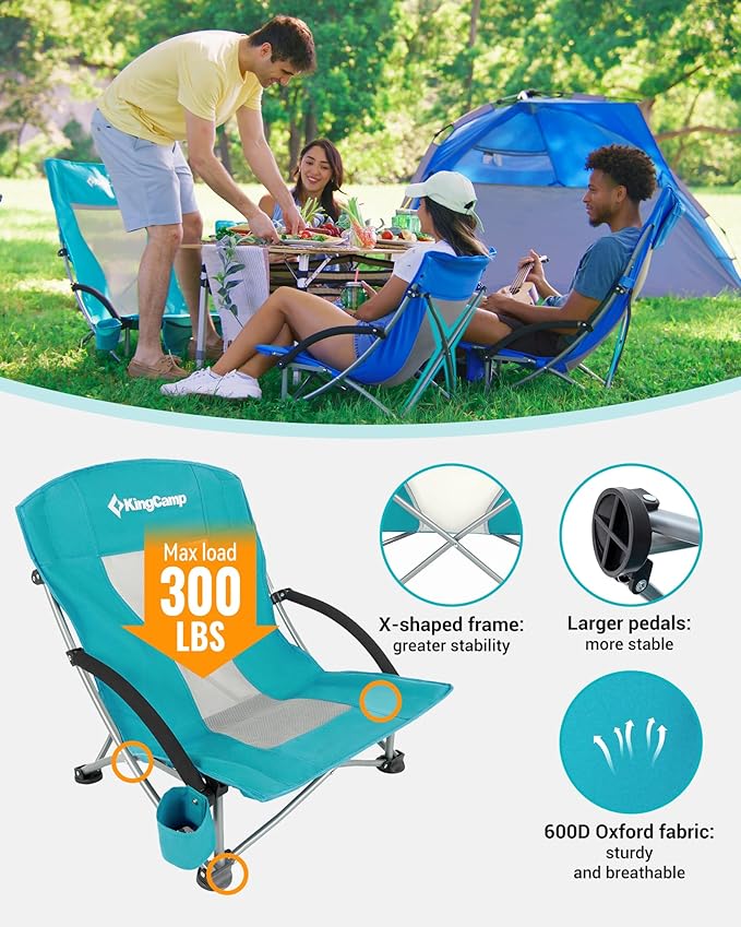 KingCamp Low Beach Chair High Back Folding Camping Chair for Adults Oversized Breathable Mesh Seat 300lbs Heavy Duty Portable Chair with Cup Holder &amp Storage Pockets for Beach Outdoor
