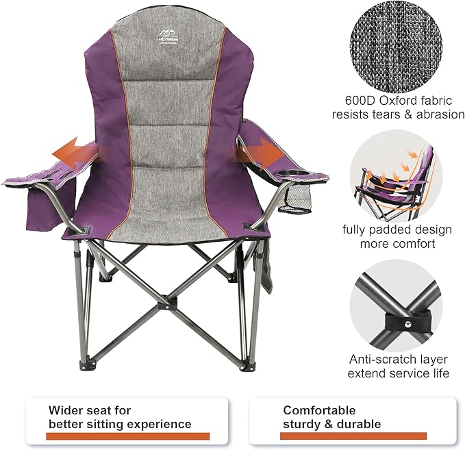 Camping Chairs for AdultsHigh Back Folding Camp Chair with Cup Holder and Cooler BagHeavy Duty Outdoor Lawn ChairsPerfect for CampingHikingPicnicsand Beach TripsPurple