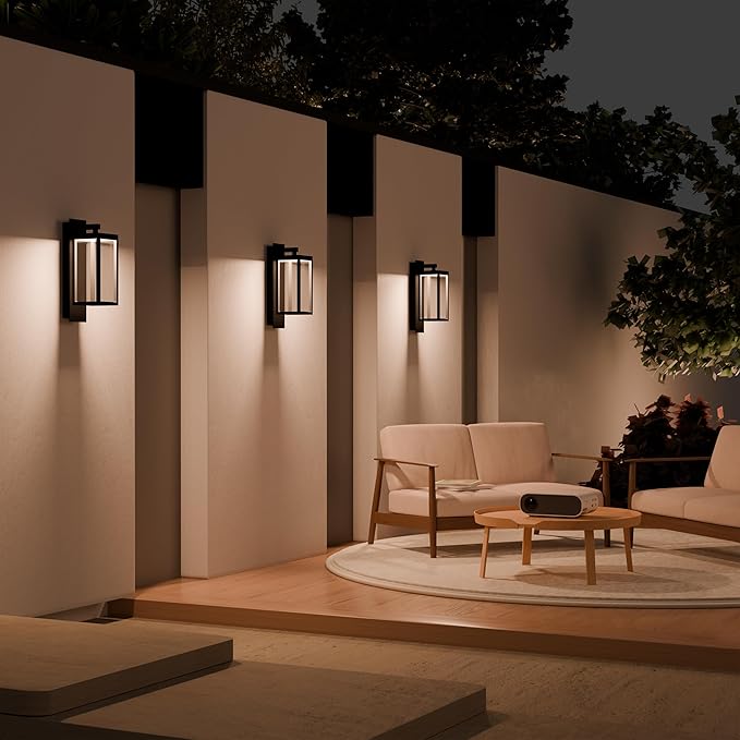 Modern Motion Sensor Outdoor Wall Light Sconce with Glass 850LM LED IP65 Waterproof Aluminum Lantern - Anti-Rust Exterior Lighting for Porch Garage Front Door PatioBlack
