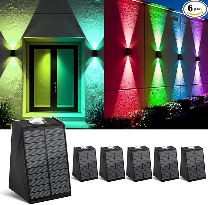 6 Pack Color Changing Solar Wall Lights Outdoor Waterproof Up and Down 2 LED RGB and Cool White Sconce Decor for Fence Stair House Patio Porch Yard Garden Garage and Pool Wall Mounted Install