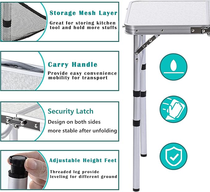 Folding Camping Table with Adjustable Height 23.6 x 15.8 Portable Lightweight Tables with Aluminum Legs for Outdoor Camp Picnic Beach Backyard Tailgate Cooking 3 Heights