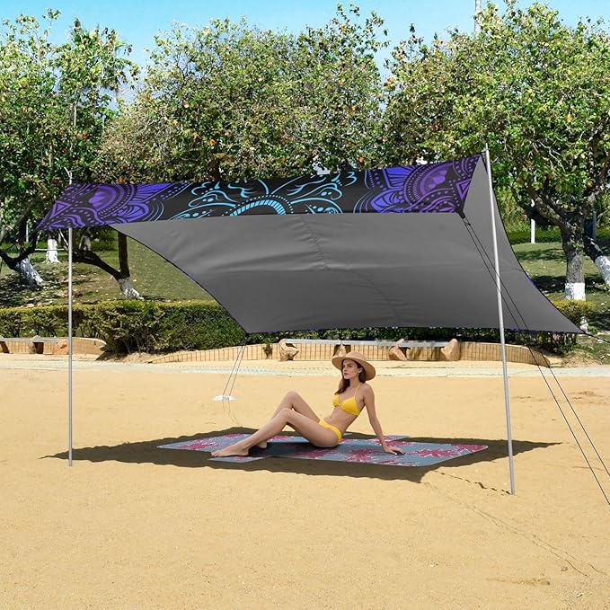 ALAZA Mandala Boho Bohemian Lotus Beach Tent Sun Shelter UPF50+ Protection Beach Shade Canopy w/ 4 Sandbags for Outdoor Camping Fishing Backyard Fun Picnic 10x9 ft