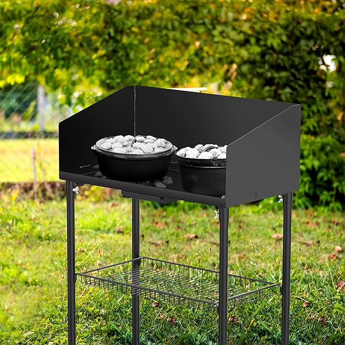 only fire Outdoor Camp Cooking Table for Dutch Ovens and Food Preparation Collapsible Grill Table Camping Kitchen Station with Side Windscreen &amp Storage Basket for Backyard BBQ Picnic RV