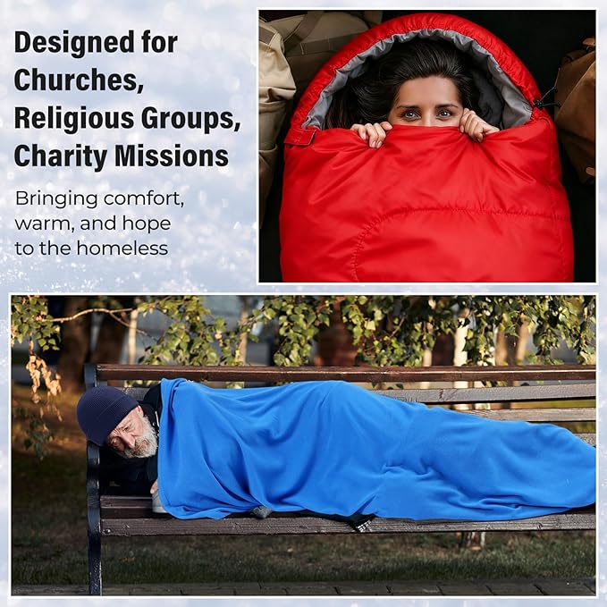 80 Pcs Homeless Care Package Sleeping Bags Adult Bulk with Winter Beanies Hat Gloves Scarf Cotton Liner Waterproof Sleeping Bag for Camping Outdoor Church Donation Emergency