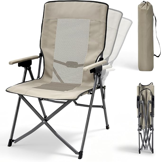 Oversized Hard Armrest Reclining High Back Camping Chair with Adjustable Backrest for Camping Sports Event Backyard Fishing Beach Tailgating