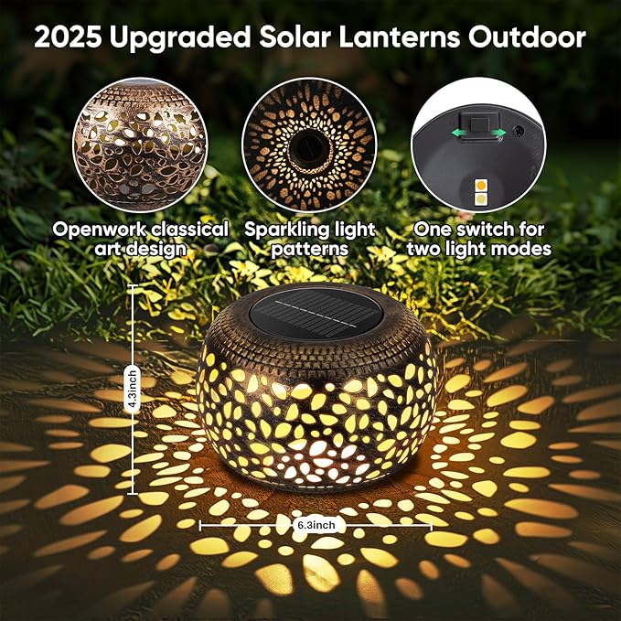 Solar Lantern Outdoor Patio Decor: 4 Pack Solar Lanterns Outdoor Waterproof Hollow Out Retro Metal Solar Lights Yard Porch Garden Balcony Indoor Desk Bedroom Tabletop Decorations 2 Lighting Colors