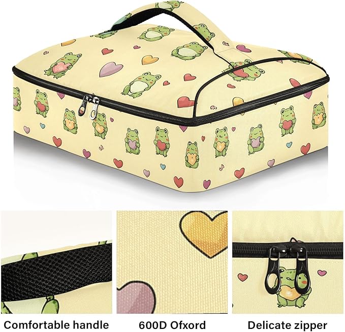 Casserole Carrier Green Frog Holding Colorful HeartInsulated Casserole Carrier for Hot or Cold Food Thermal Lunch Tote for Potluck Parties Picnic Beach Fits 9 x 13 Inches Baking Dish