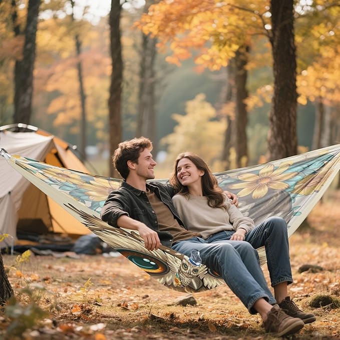 ALAZA Cute Owl Flowers Camping Hammocks Single or 2 Person 500 lbs Portable Parachute Travel Hammock w/Tree Straps for Hiking Backpacking Indoor Outdoor