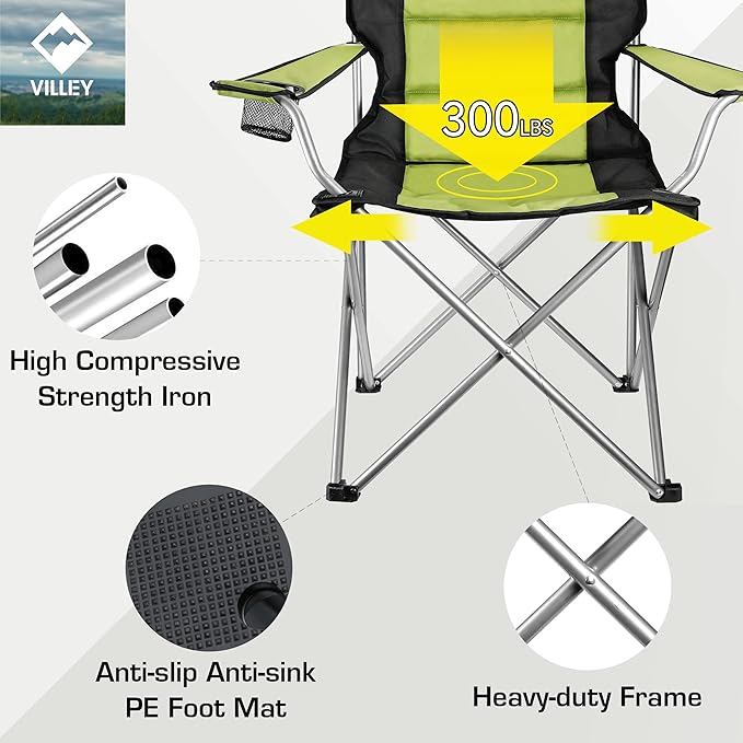 VILLEY Camping Chairs Padded Folding Chair Outdoor Portable High Camp Chair Foldable Outside Arm Chair with Cup Holder &amp Carry Bag Green