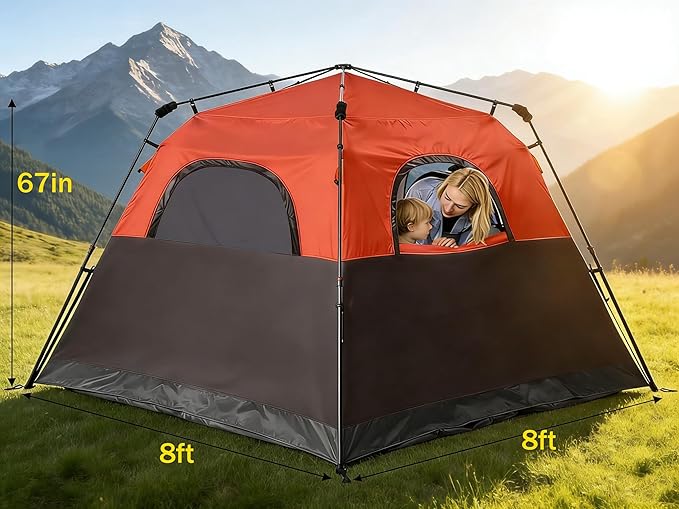 3/4 Person Camping Tent with 1 Door 4 Windows and Upgraded Ventilation– Instant Setup Waterproof 8'x 8'x 67''Oxford Fabric Floor Pop Up in 60 Seconds Includes Rainfly and Backpack