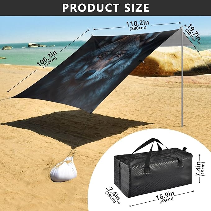 ALAZA Wolf Portrait Beach Tent Sun Shelter UPF50+ Protection Beach Shade Canopy w/ 4 Sandbags for Outdoor Camping Fishing Backyard Fun Picnic 10x9 ft