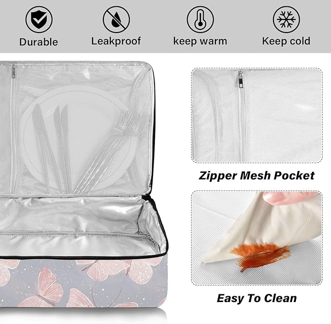 Casserole Carrier Cute Butterfly GreyInsulated Casserole Carrier for Hot or Cold Food Thermal Lunch Tote for Potluck Parties Picnic Beach Fits 9 x 13 Inches Baking Dish