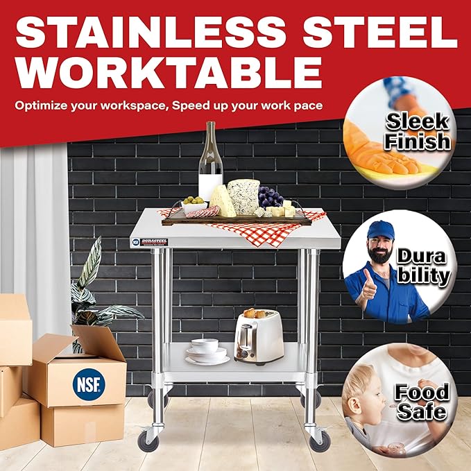 DuraSteel 24x30 NSF Stainless Steel Cart Work Table - Heavy Duty Rolling Food Prep Table Countertop Island - Metal Utility Cart on Wheels Caster Grill Stand Storage Outdoor Kitchen Tables Bar Top