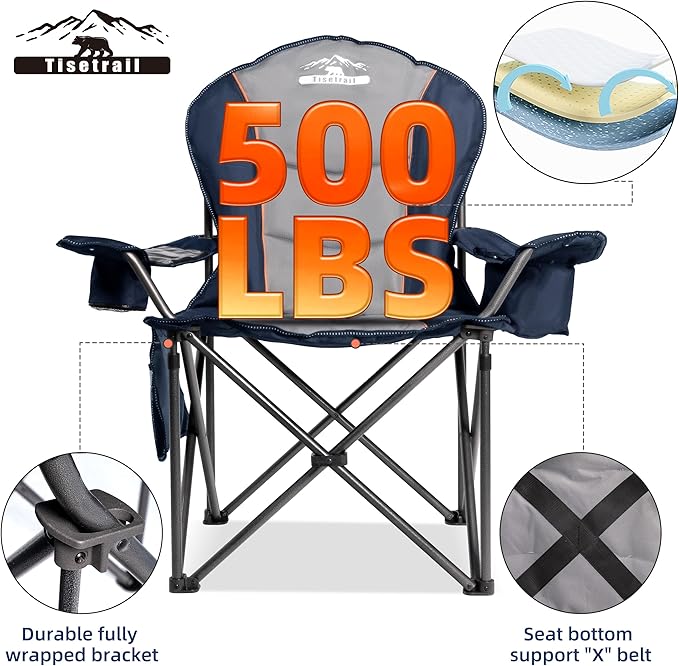 Camping Chairs Oversized Padded Folding Camping Chair with Lumbar Back Heavy Duty 500 lb Support Collapsible Chair with Cooler Bag Cup Holder for Outdoor Garden Beach Fishing 1 Pack Gry