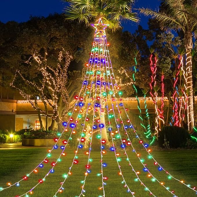 Christmas Decoration Lights Outdoor Christmas String Light 320 LED 11.5 Ft Waterfall Tree Lights with Big Star Topper 8 Light Modes for Xmas New Year Holiday Garden Yard Indoor Outdoor Decor