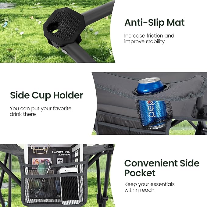 HIGH POINT SPORTS 2 Pack Portable Camping Chair for Adults Folding Outdoor Camp Chair Lightweight Lawn Chairs Folding Collapsible Chair for Camping Tailgates Beach Gray Support 250 lbs