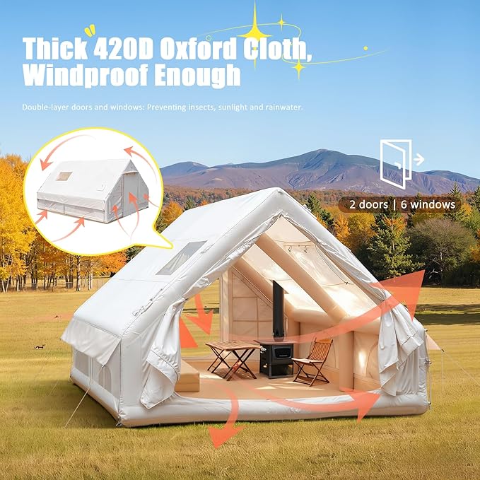 Inflatable Tent 13x10ft Large 8 Person Family Size Glamping Tent with Pump - Waterproof Oxford Camping Tent with Mesh Windows for Park Forest Outdoor (Bag Windbreak Rope Stakes Pump Included)
