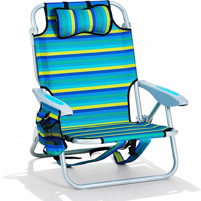 Portable Beach Chair for Adults Outdoor Lightweight Camping Chair Lay Flat Folding Backpack Beach Reclining Chair with 5 Positions Headrest Zipper Pouch Cup Holder Striped