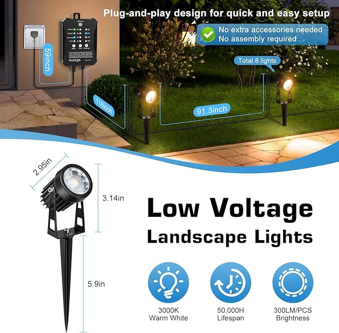 All-in-One Low Voltage Landscape Lighting Kit 8-Pack Landscape Lights with Transformer 3000K Waterproof Outdoor Lights with 75FT Wire for Yard Garden