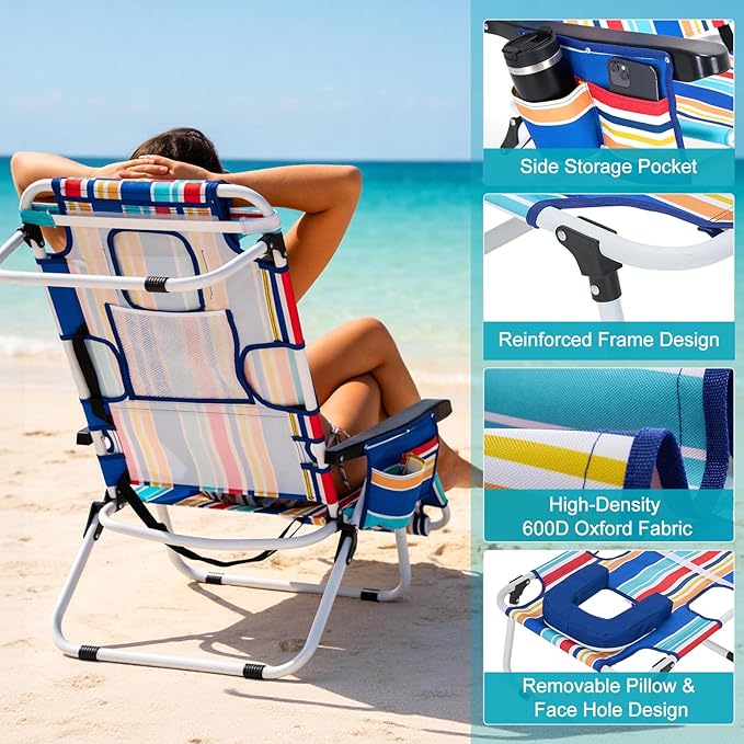MOPHOTO 3 in 1 Beach Chairs Heavy Duty Beach Tanning Chair for Adults Lay Flat Recliner with 5-Position Adjustable Backrest Folding Outdoor Chair for Beach Pool Patio Camping