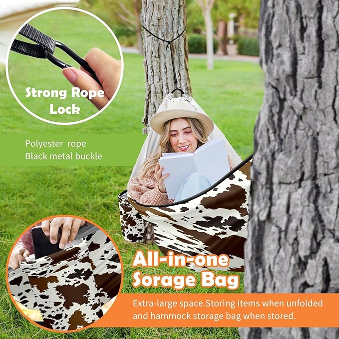 Outdoor Hammock for Camping Western Brown Cow Print Double Single Hammocks with 2 Tree Straps Lightweight Portable Heavy Duty Nylon Hammocks for Backpacking Travel Beach Backyard Patio Hiking