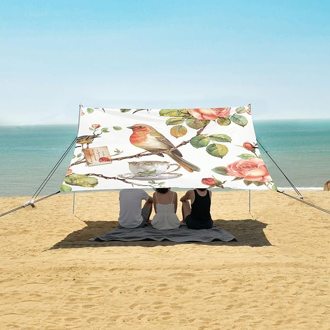 Vintage Parisian Pattern Beach Tent Sun Shelter 9.2' x 10.5' Beach Canopy with 4 Sandbags 4 Stability Poles Sand Shovels - Tent Canopy for Beach Camping Fishing Picnics