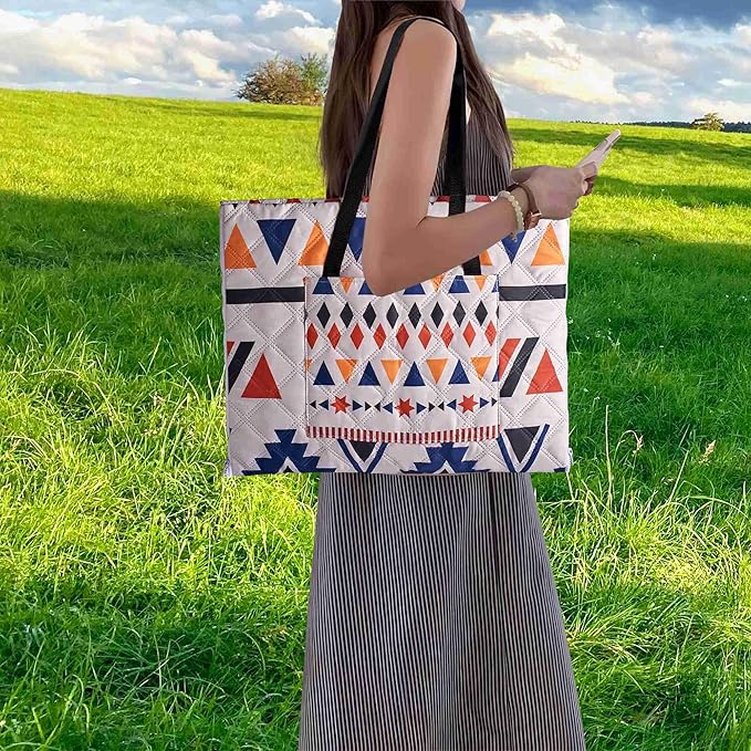 Outdoor Packable Picnic Blanket with Zipper Folds into Tote Bag with Large Storage and Shoulder Strap Waterproof Sandproof for Lawn Beach Hiking Camping (colorful1 Small)