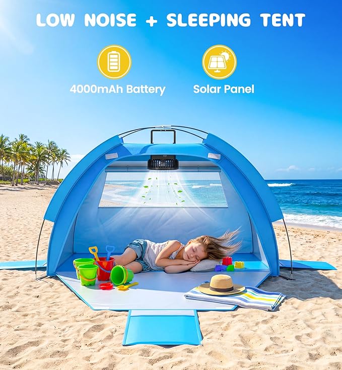 Baby Beach Tent Solar Cooling Fan Anti-UV Toddler Beach Tent Sun Shelter Portable Travel Fan Beach Shade Tent Baby Play Tent Built-in Ceiling Fan Sun Shelters Toddler Beach Essentials