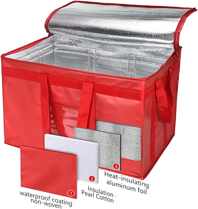 Heavy Duty Insulated Cooler Bag with Lid and Dual Zipper for Reusable Hot and Cold Food Delivery - Insulated Catering Bag (Red 3XL PRO)