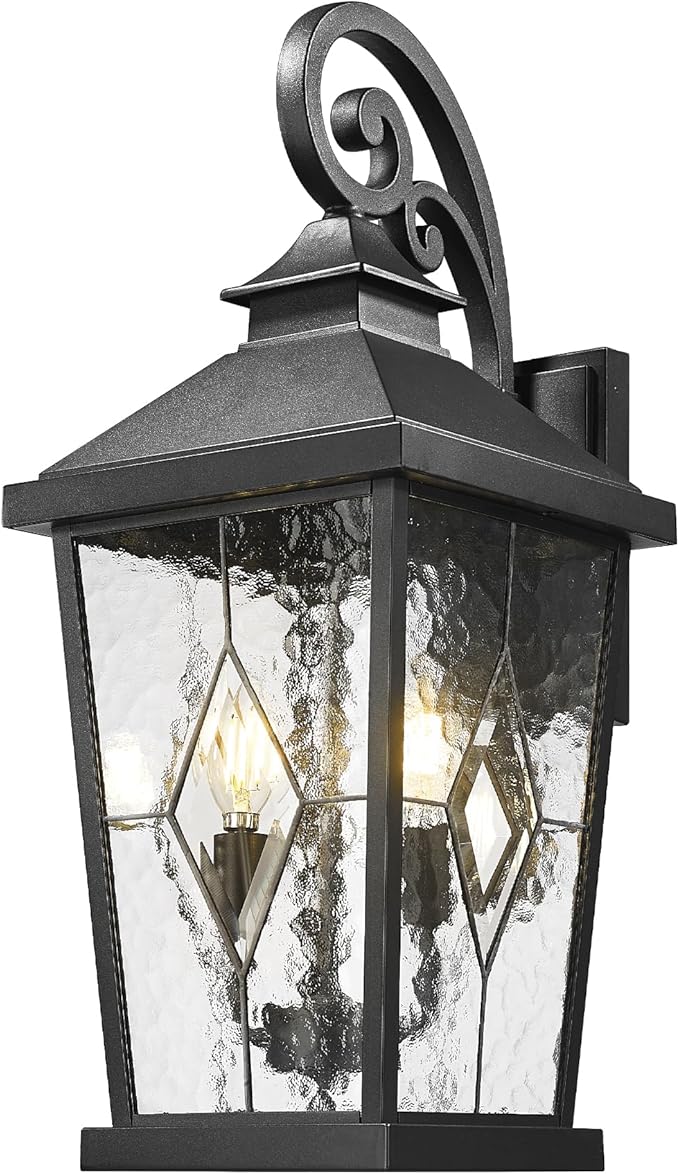 Emliviar 22.4 Large Outdoor Wall Light Matte Black Exterior Lighting Fixtures with Water Glass Shade Outside Wall Lantern with E12 Bulb Base WE301BM-SD BK