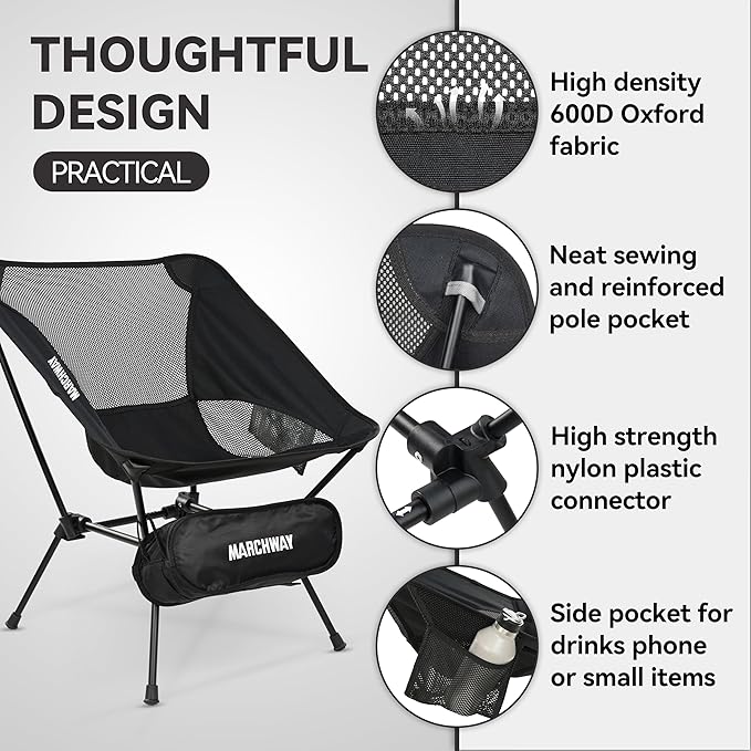 MARCHWAY Ultralight Folding Camping Chair Heavy Duty Portable Compact for Outdoor Camp Travel Beach Picnic Festival Hiking Lightweight Backpacking (Black)