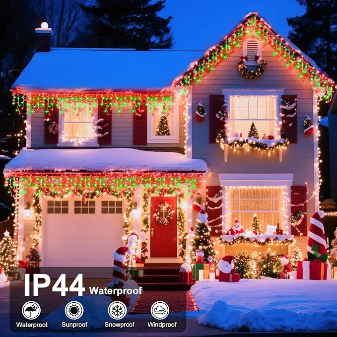 XURISEN 132ft Christmas Lights Decorations Outdoor 1280 LED 8 Modes Fairy Lights with 240 DropsPlug in Waterproof Timer Memory Function for Christmas Holiday Wedding Party Decorations(Red+Green)