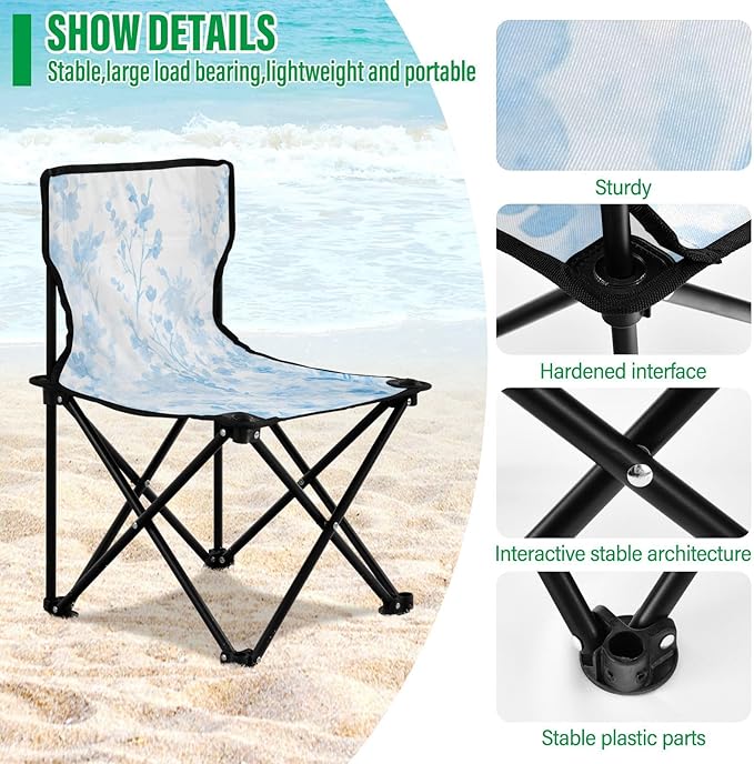 Blue Blooms Portable Camping Chairs Folding Chair - Durable Oxford Fabric Lightweight Iron Frame Easy Fold Design - Ideal for Outdoor Activities Camping Fishing and Travel