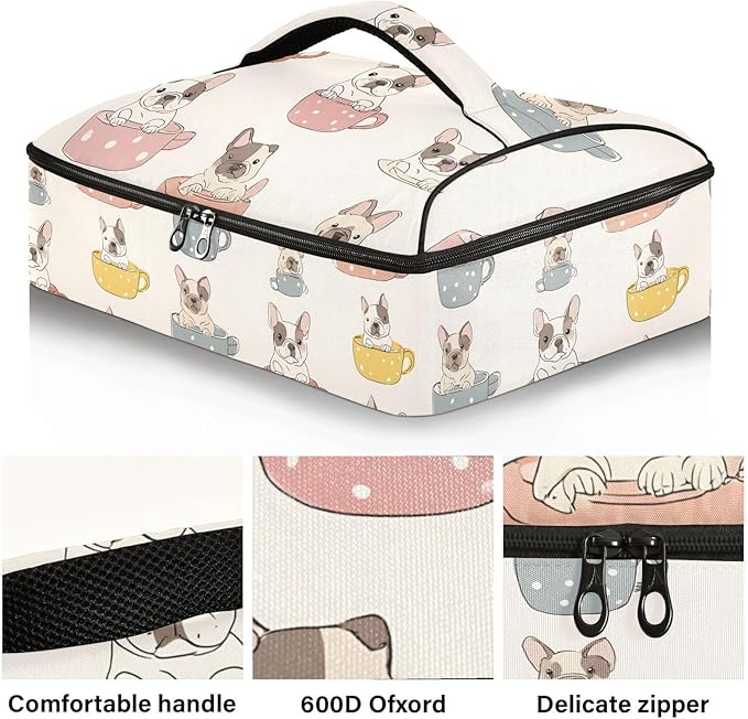 Casserole Carrier Cute French BulldogInsulated Casserole Carrier for Hot or Cold Food Thermal Lunch Tote for Potluck Parties Picnic Beach Fits 9 x 13 Inches Baking Dish