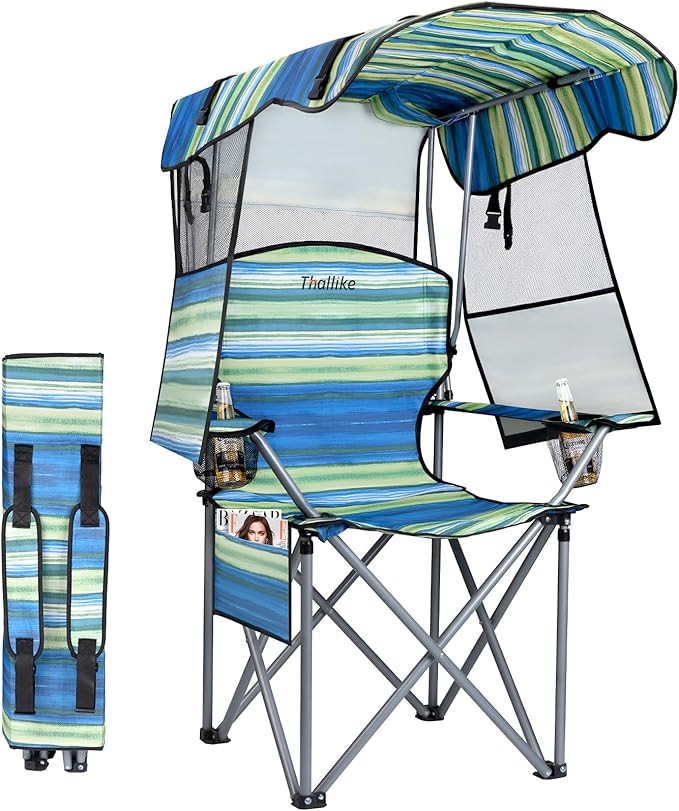 Folding Camping Chair with Reinforced Shade Canopy Comfortable Wide Seat with Cup Holder and Side Pocket Portable Outdoor Chair for Beach Fishing Sports Lawn Supports 350 LBS