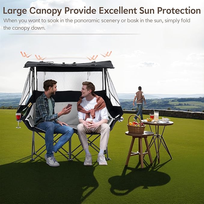 TUKAILAi Double Camping Chair with Canopy Shade Oversized Folding 2 Person Loveseat with Cup Holders and Side Pockets Portable Outdoor Couch for Beach Lawn Picnic Fishing (Black + Grey)