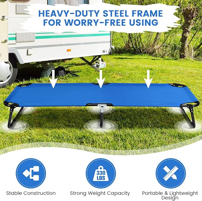 Goplus Folding Camping Cot Heavy Duty Collapsible Foldable Camping Bed for Adults Kids with Non-Slip Foot Pad Indoor Outdoor Portable Sleeping Cot for Hiking Camping Fishing (Blue)