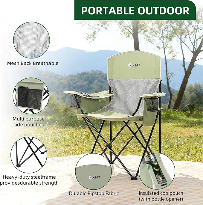 Portable Outdoor Folding Chair with Cup Holder &amp Cooler Bag - Breathable Mesh Wide Armrests Ergonomic Design for Camping Beach Backyard - Includes Storage Bag &amp Bottle Opener (Black/Green/