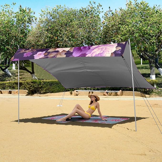 Purple Roses Beach Tent Sun Shelter 9.2' x 10.5' Beach Canopy with 4 Sandbags 4 Stability Poles Sand Shovels - Tent Canopy for Beach Camping Fishing Picnics